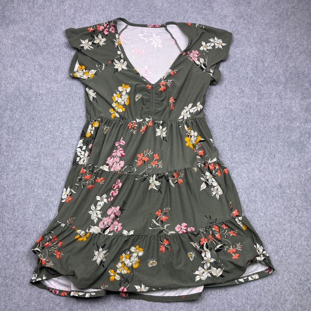 No Boundaries Mini Tiered Dress Womens Large Green Floral Short Sleeve - Picture 1 of 6